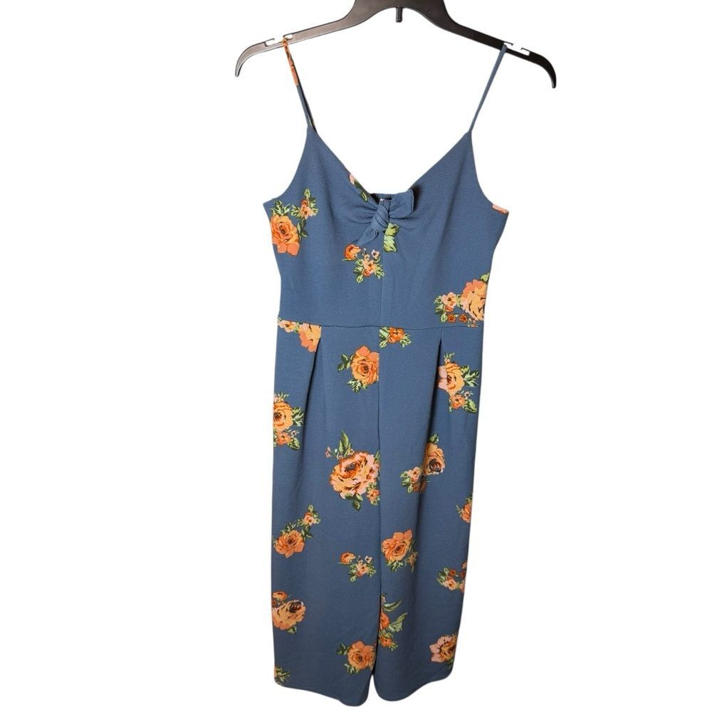 Eyeshadow Blue Floral Cropped Leg Cami Jumpsuit with Front Tie & Smocked Back-M